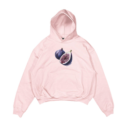 Aesthetic, incir desenli, cozy, pinterest tarzı, günlük kullanıma uygun olarak pamuklu kumaştan üretilmiş oversize pembe renk hoodie.