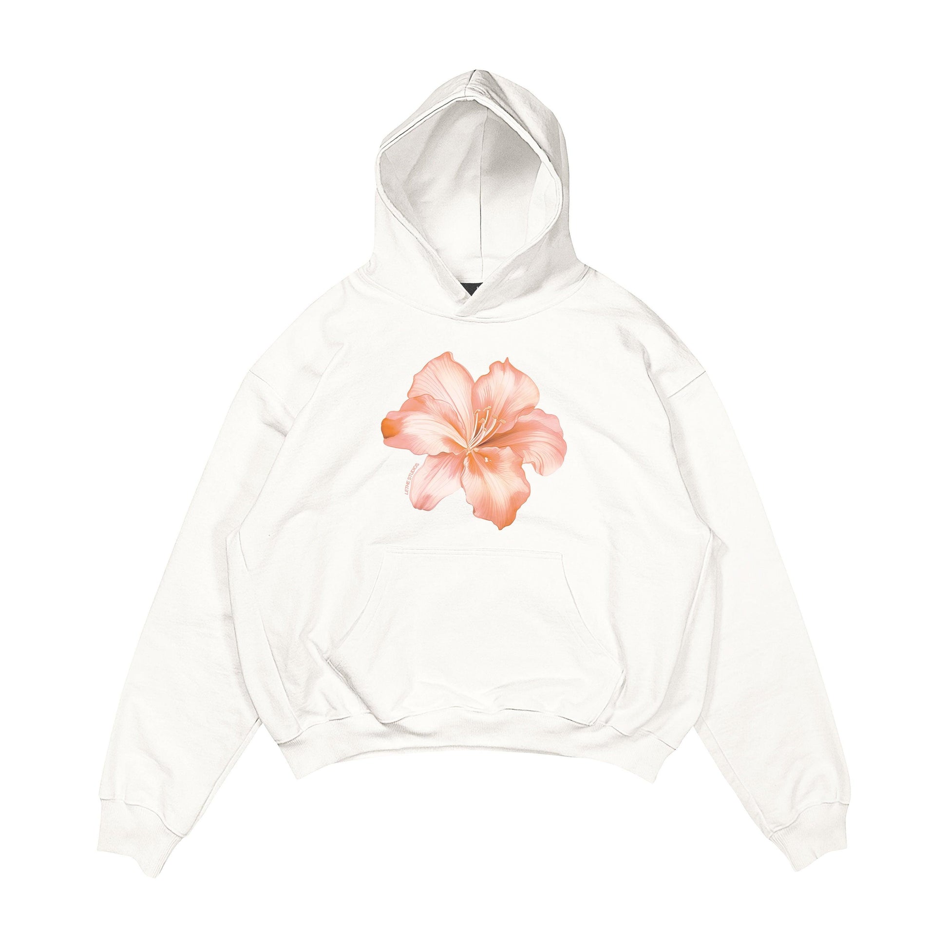 Aesthetic, hibiscus desenli, cozy, pinterest tarzı, günlük kullanıma uygun olarak pamuklu kumaştan üretilmiş oversize ekru renk hoodie.
