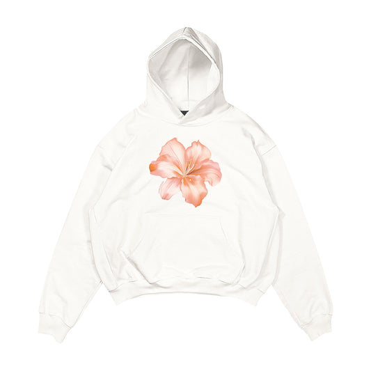Aesthetic, hibiscus desenli, cozy, pinterest tarzı, günlük kullanıma uygun olarak pamuklu kumaştan üretilmiş oversize ekru renk hoodie.