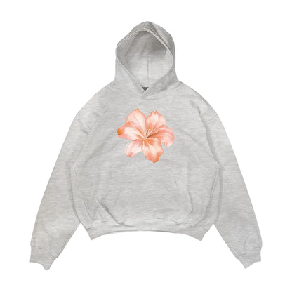 Aesthetic, hibiscus desenli, cozy, pinterest tarzı, günlük kullanıma uygun olarak pamuklu kumaştan üretilmiş oversize gri renk hoodie.