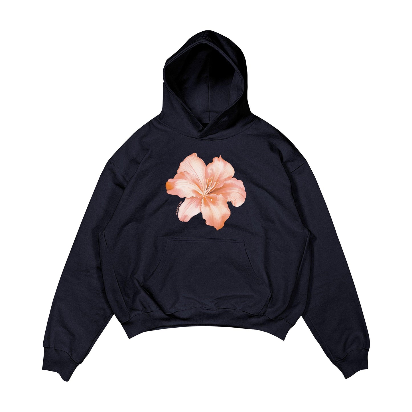 Aesthetic, hibiscus desenli, cozy, pinterest tarzı, günlük kullanıma uygun olarak pamuklu kumaştan üretilmiş oversize koyu lacivert renk hoodie.