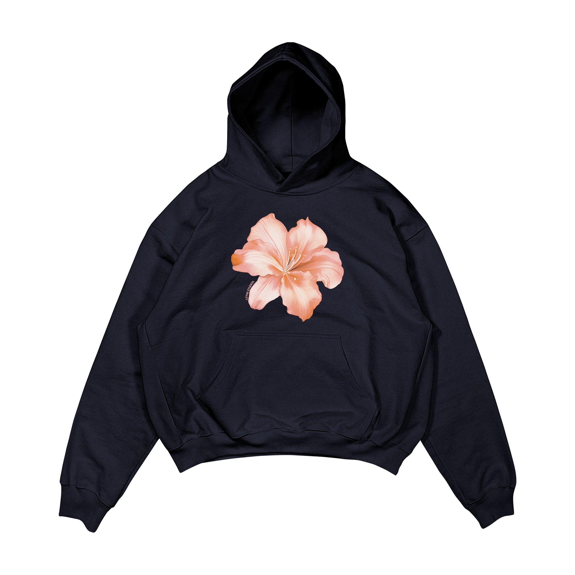Aesthetic, hibiscus desenli, cozy, pinterest tarzı, günlük kullanıma uygun olarak pamuklu kumaştan üretilmiş oversize koyu lacivert renk hoodie.