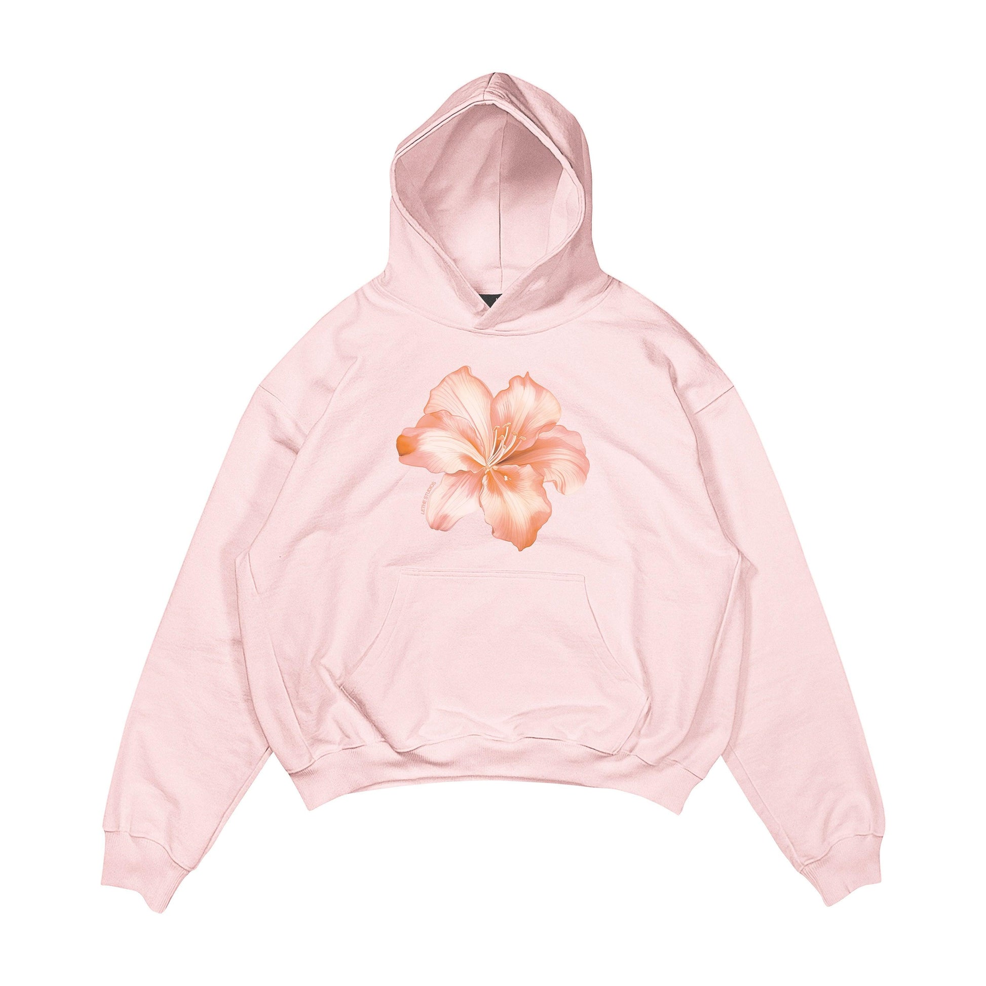 Aesthetic, hibiscus desenli, cozy, pinterest tarzı, günlük kullanıma uygun olarak pamuklu kumaştan üretilmiş oversize pembe renk hoodie.