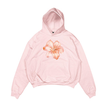 Aesthetic, hibiscus desenli, cozy, pinterest tarzı, günlük kullanıma uygun olarak pamuklu kumaştan üretilmiş oversize pembe renk hoodie.