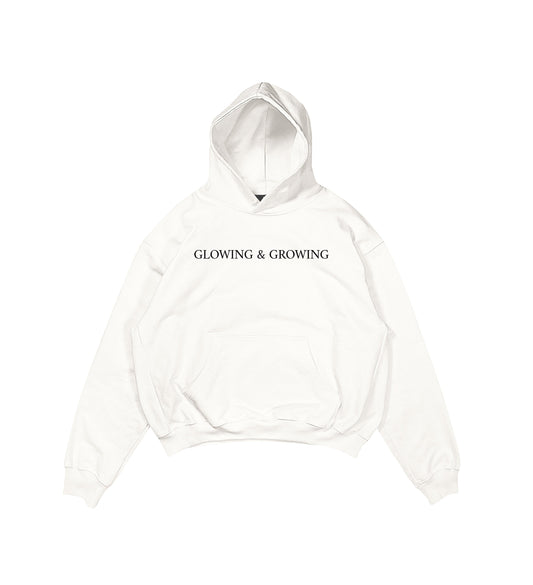 Aesthetic, glowing & growing desenli, pinterest tarzı, günlük kullanıma uygun olarak pamuklu kumaştan üretilmiş oversize ekru renk hoodie.