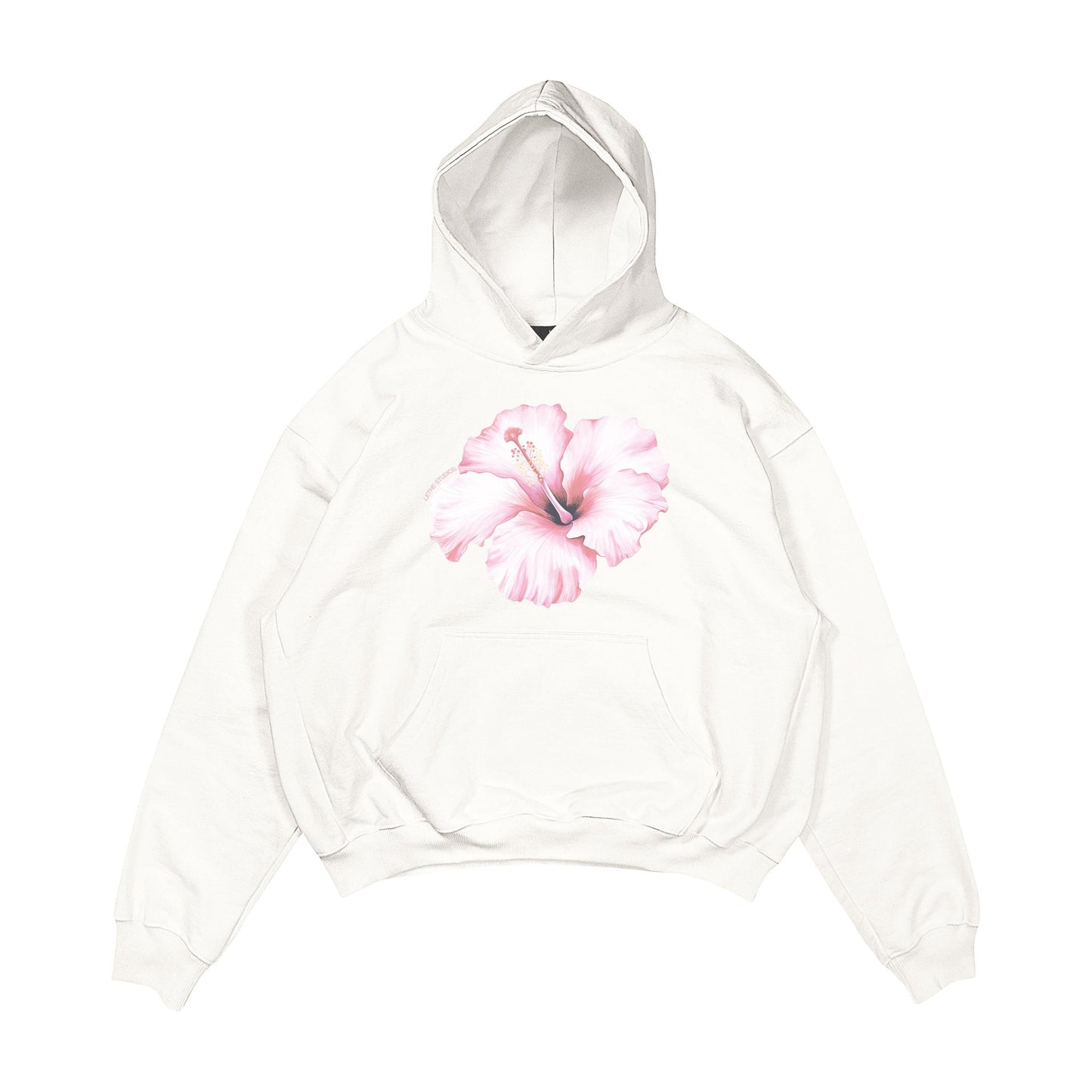 Aesthetic, hibiscus desenli, cozy, pinterest tarzı, günlük kullanıma uygun olarak pamuklu kumaştan üretilmiş oversize ekru renk hoodie.