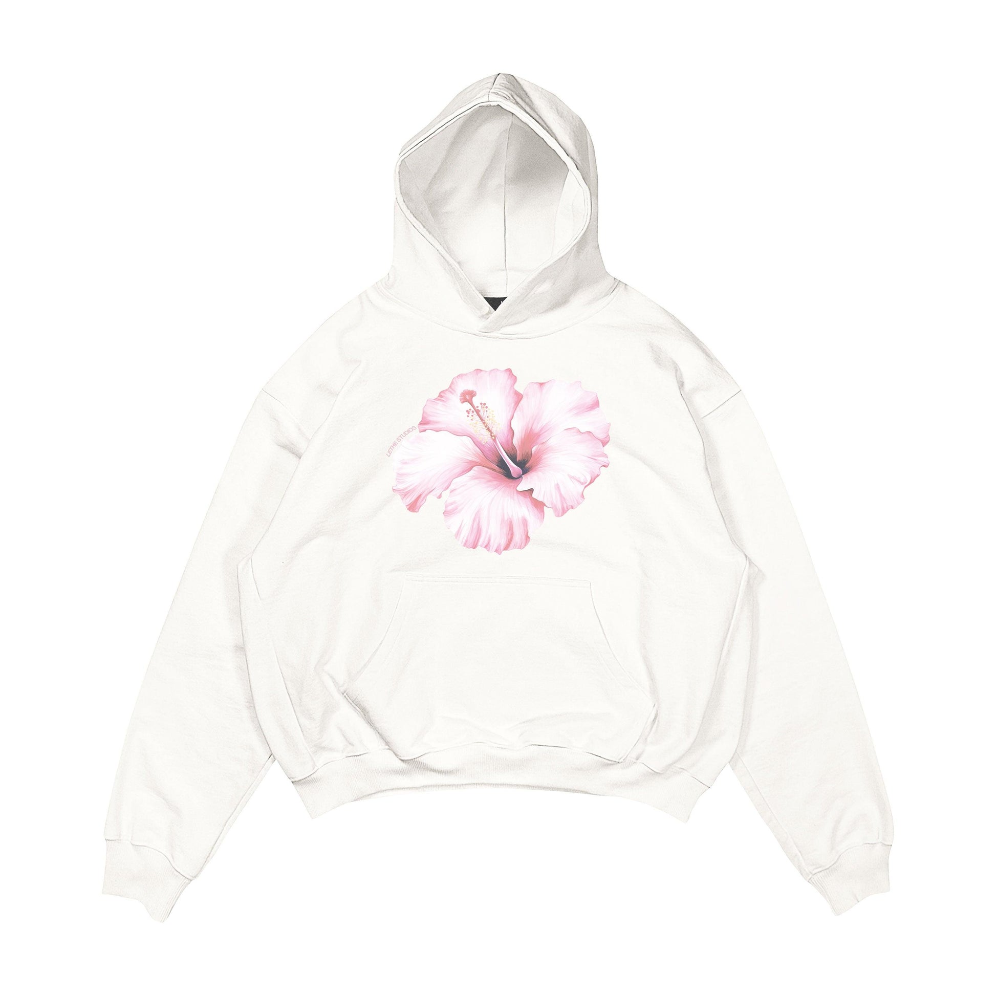Aesthetic, hibiscus desenli, cozy, pinterest tarzı, günlük kullanıma uygun olarak pamuklu kumaştan üretilmiş oversize ekru renk hoodie.