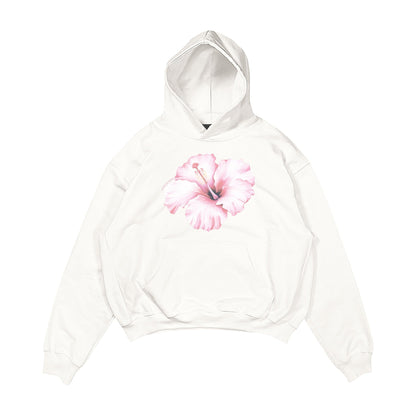 Aesthetic, hibiscus desenli, cozy, pinterest tarzı, günlük kullanıma uygun olarak pamuklu kumaştan üretilmiş oversize ekru renk hoodie.