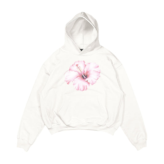 Aesthetic, hibiscus desenli, cozy, pinterest tarzı, günlük kullanıma uygun olarak pamuklu kumaştan üretilmiş oversize ekru renk hoodie.