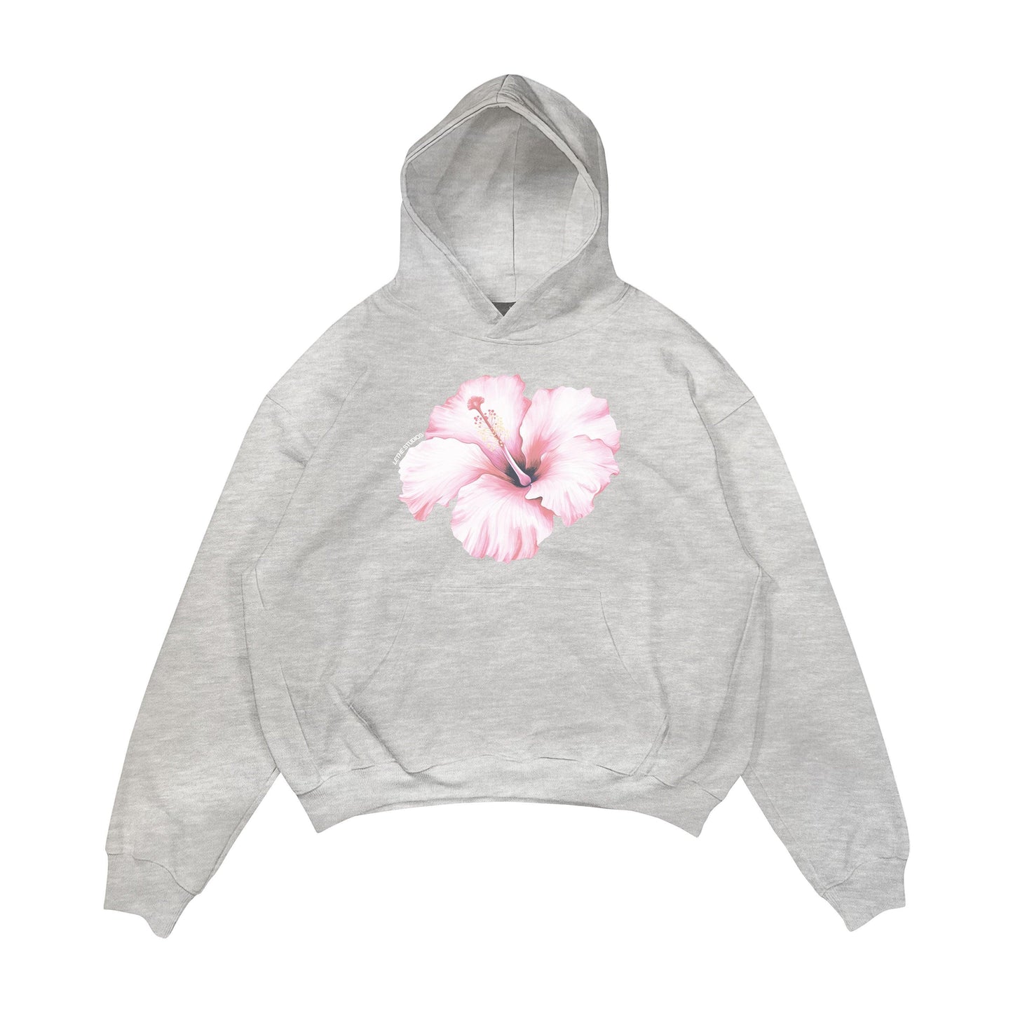 Aesthetic, hibiscus desenli, cozy, pinterest tarzı, günlük kullanıma uygun olarak pamuklu kumaştan üretilmiş oversize gri renk hoodie.
