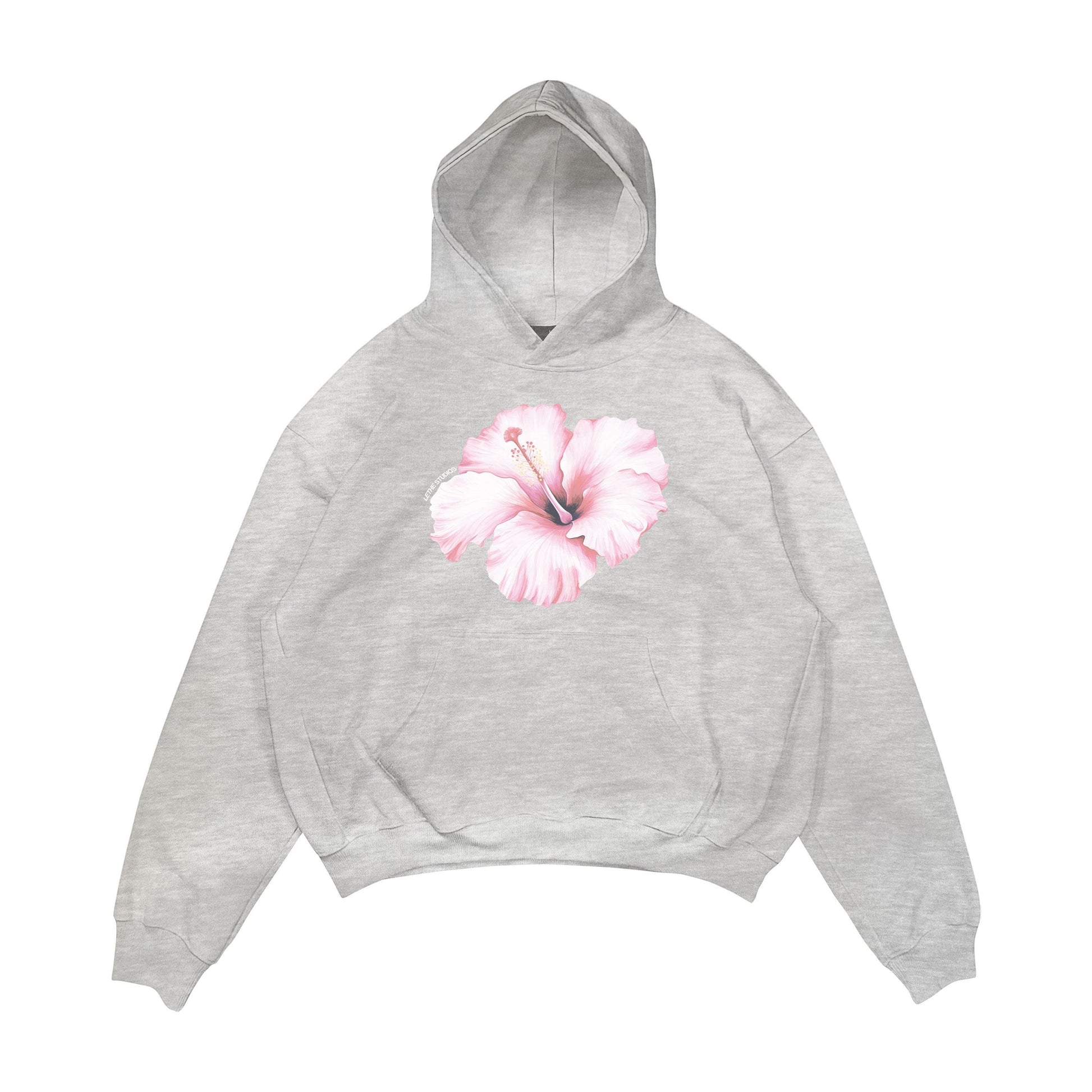 Aesthetic, hibiscus desenli, cozy, pinterest tarzı, günlük kullanıma uygun olarak pamuklu kumaştan üretilmiş oversize gri renk hoodie.