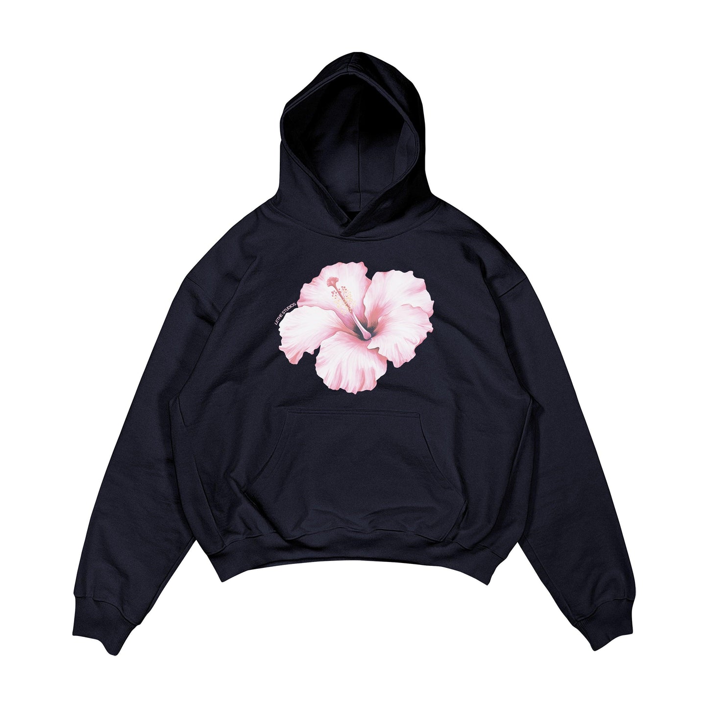 Aesthetic, hibiscus desenli, cozy, pinterest tarzı, günlük kullanıma uygun olarak pamuklu kumaştan üretilmiş oversize koyu lacivert renk hoodie.