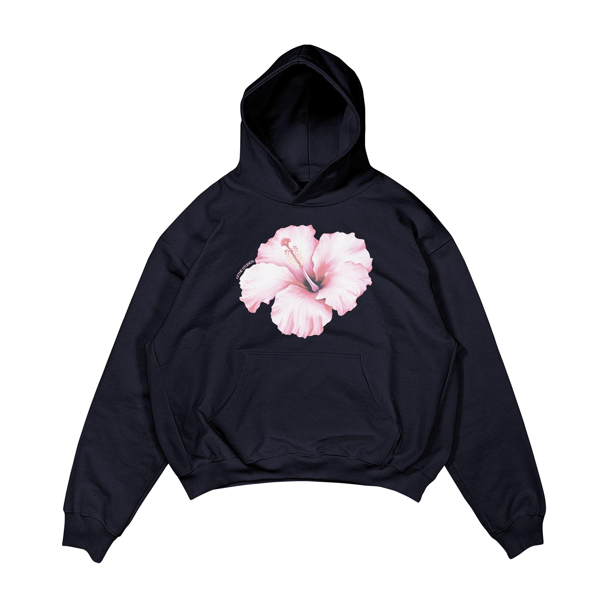 Aesthetic, hibiscus desenli, cozy, pinterest tarzı, günlük kullanıma uygun olarak pamuklu kumaştan üretilmiş oversize koyu lacivert renk hoodie.