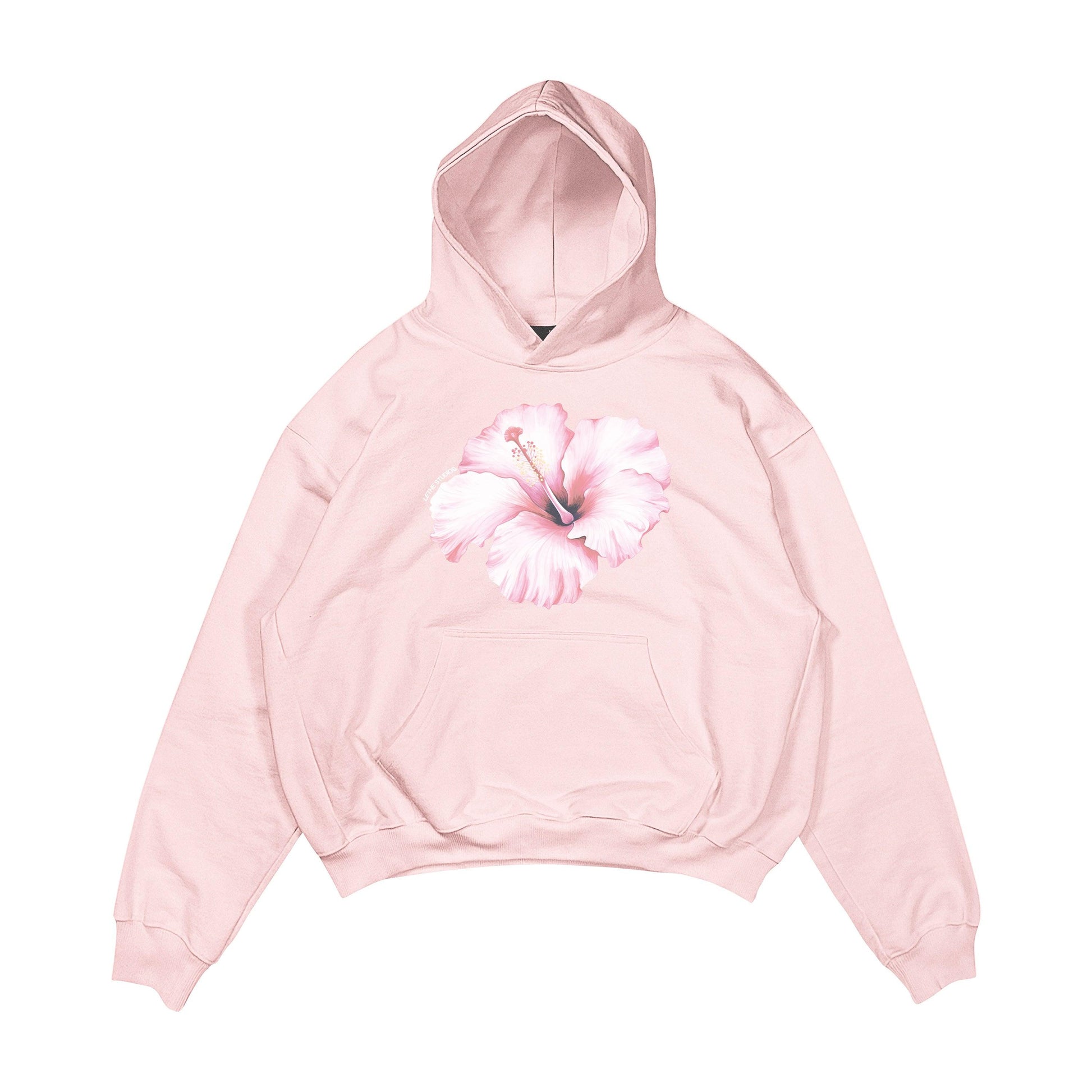 Aesthetic, hibiscus desenli, cozy, pinterest tarzı, günlük kullanıma uygun olarak pamuklu kumaştan üretilmiş oversize pembe renk hoodie.