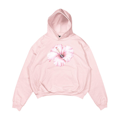 Aesthetic, hibiscus desenli, cozy, pinterest tarzı, günlük kullanıma uygun olarak pamuklu kumaştan üretilmiş oversize pembe renk hoodie.