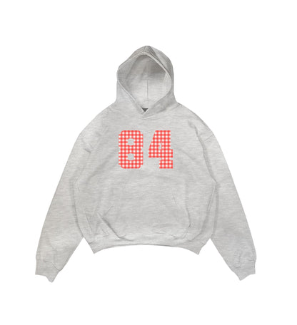 Aesthetic, kırmızı ekose desenli, grafik baskılı, pinterest tarzı,  günlük kullanıma uygun olarak pamuklu kumaştan üretilmiş oversize gri hoodie.