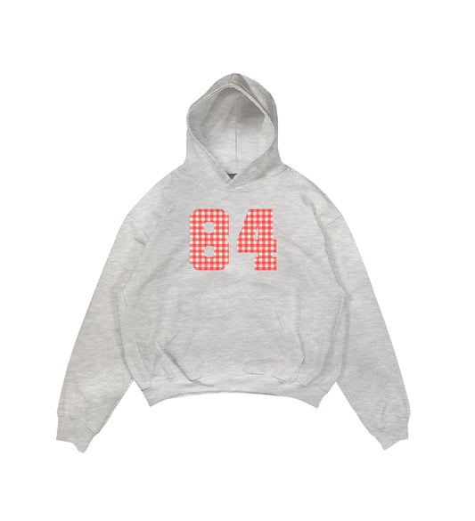 Aesthetic, kırmızı ekose desenli, grafik baskılı, pinterest tarzı,  günlük kullanıma uygun olarak pamuklu kumaştan üretilmiş oversize gri hoodie.