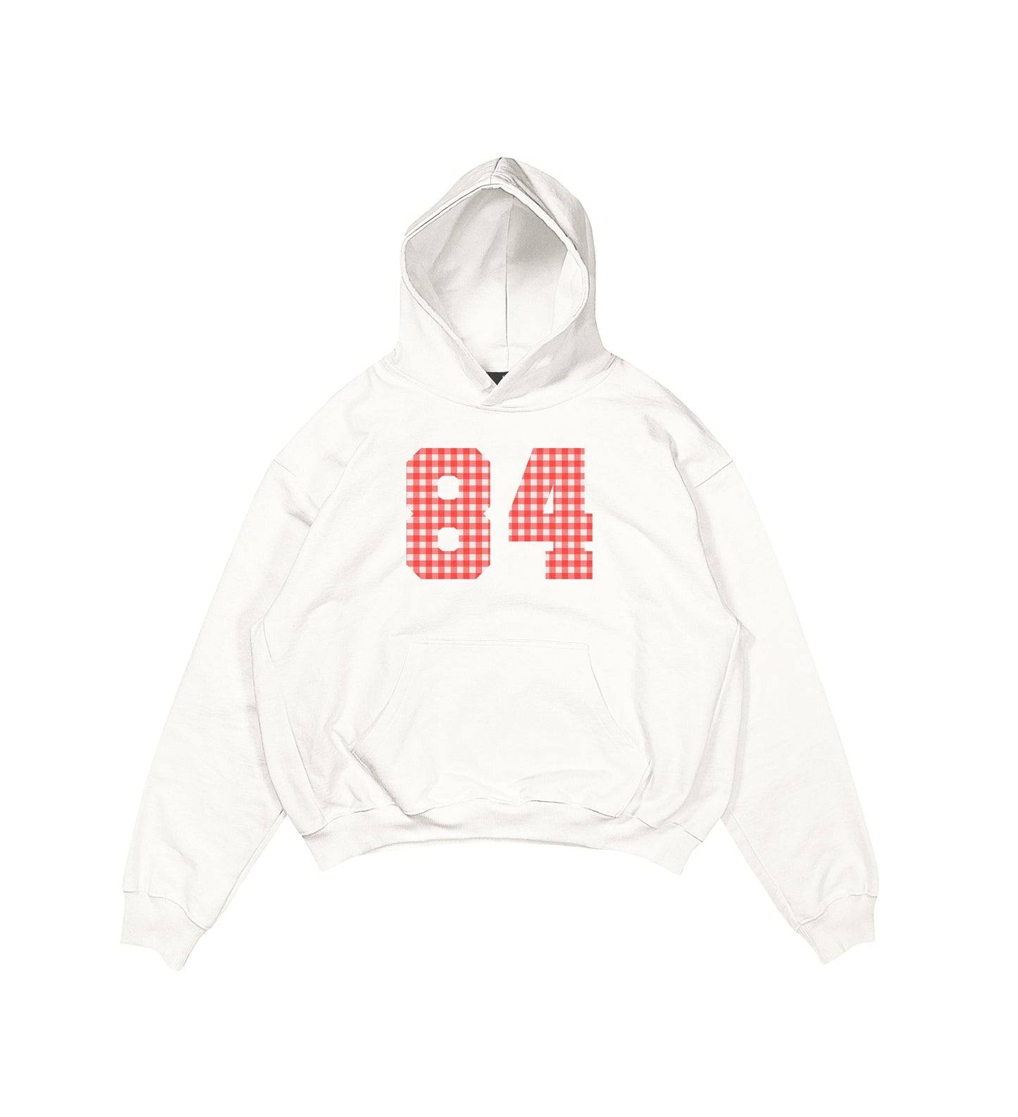 Aesthetic, kırmızı ekose desenli, grafik baskılı, pinterest tarzı,  günlük kullanıma uygun olarak pamuklu kumaştan üretilmiş oversize ekru hoodie.