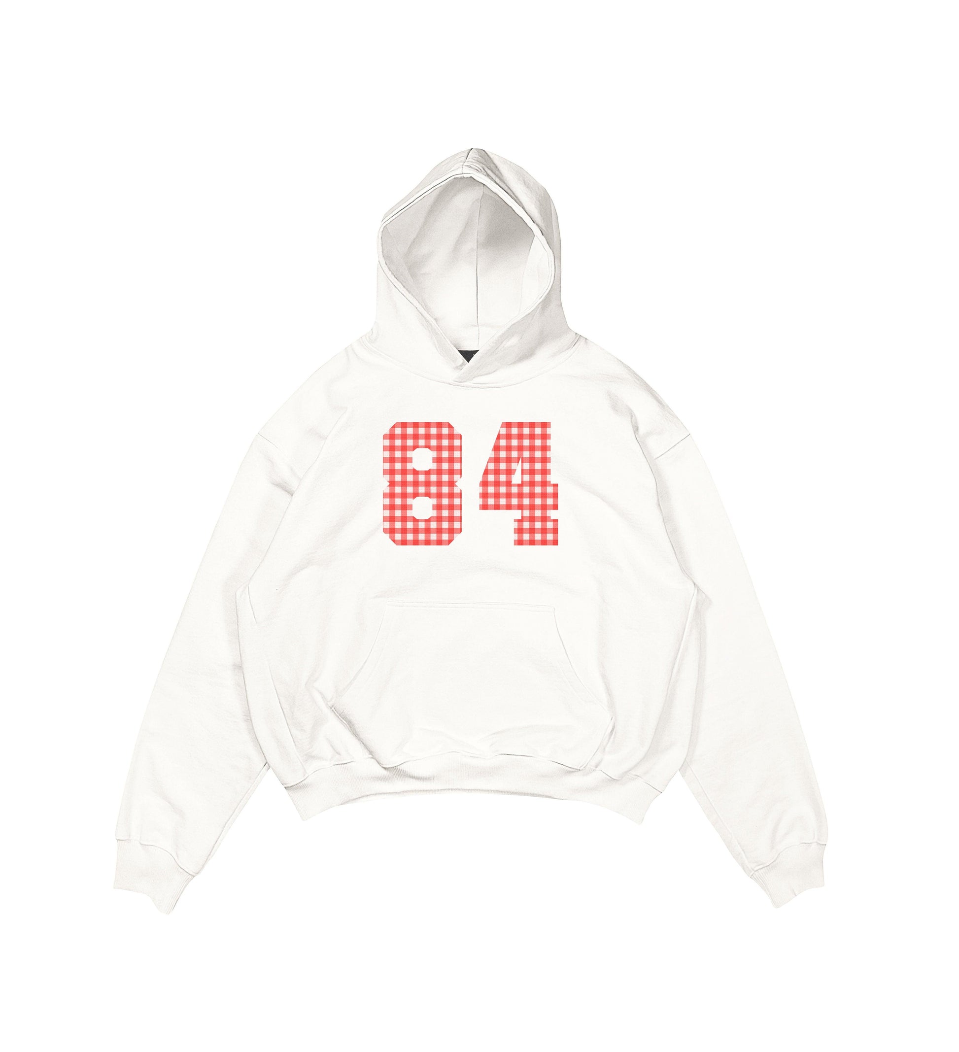 Aesthetic, kırmızı ekose desenli, grafik baskılı, pinterest tarzı,  günlük kullanıma uygun olarak pamuklu kumaştan üretilmiş oversize ekru hoodie.