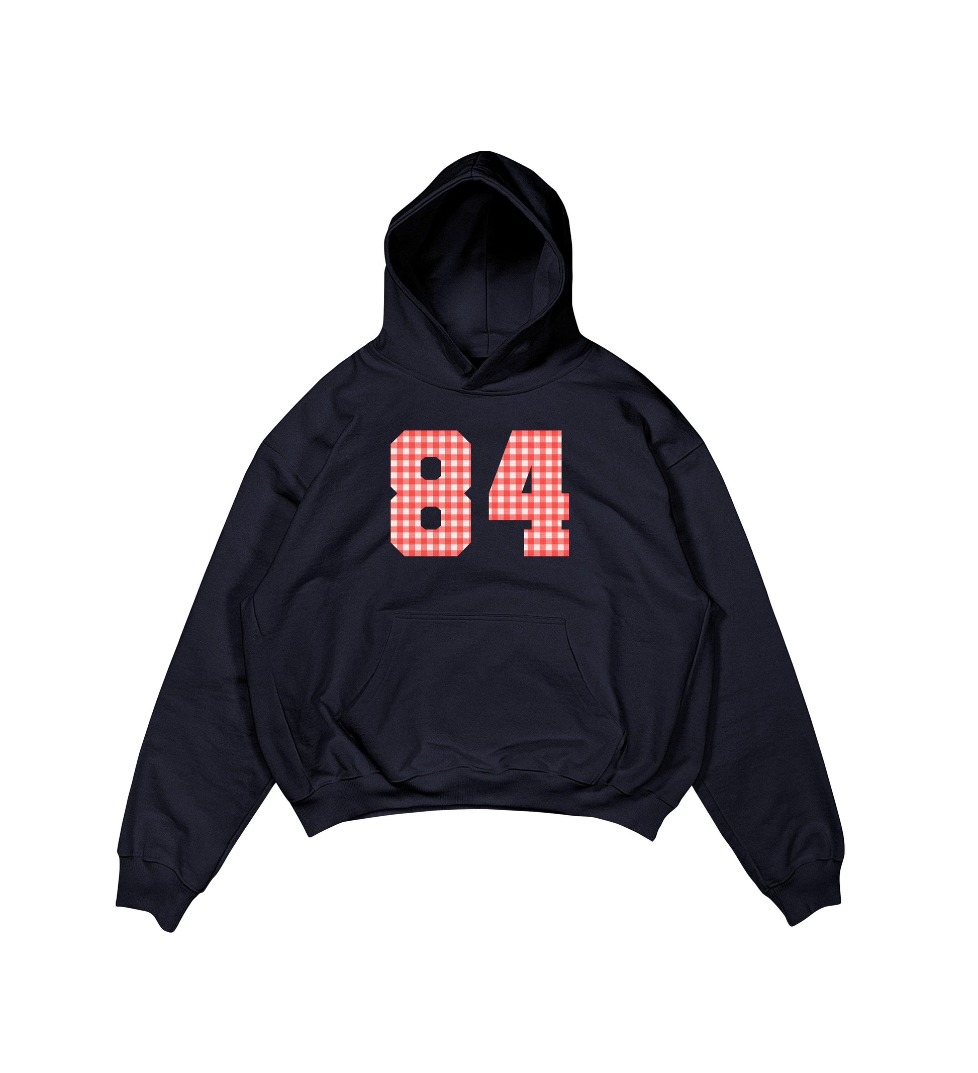 Aesthetic, kırmızı ekose desenli, grafik baskılı, pinterest tarzı,  günlük kullanıma uygun olarak pamuklu kumaştan üretilmiş oversize koyu lacivert hoodie.