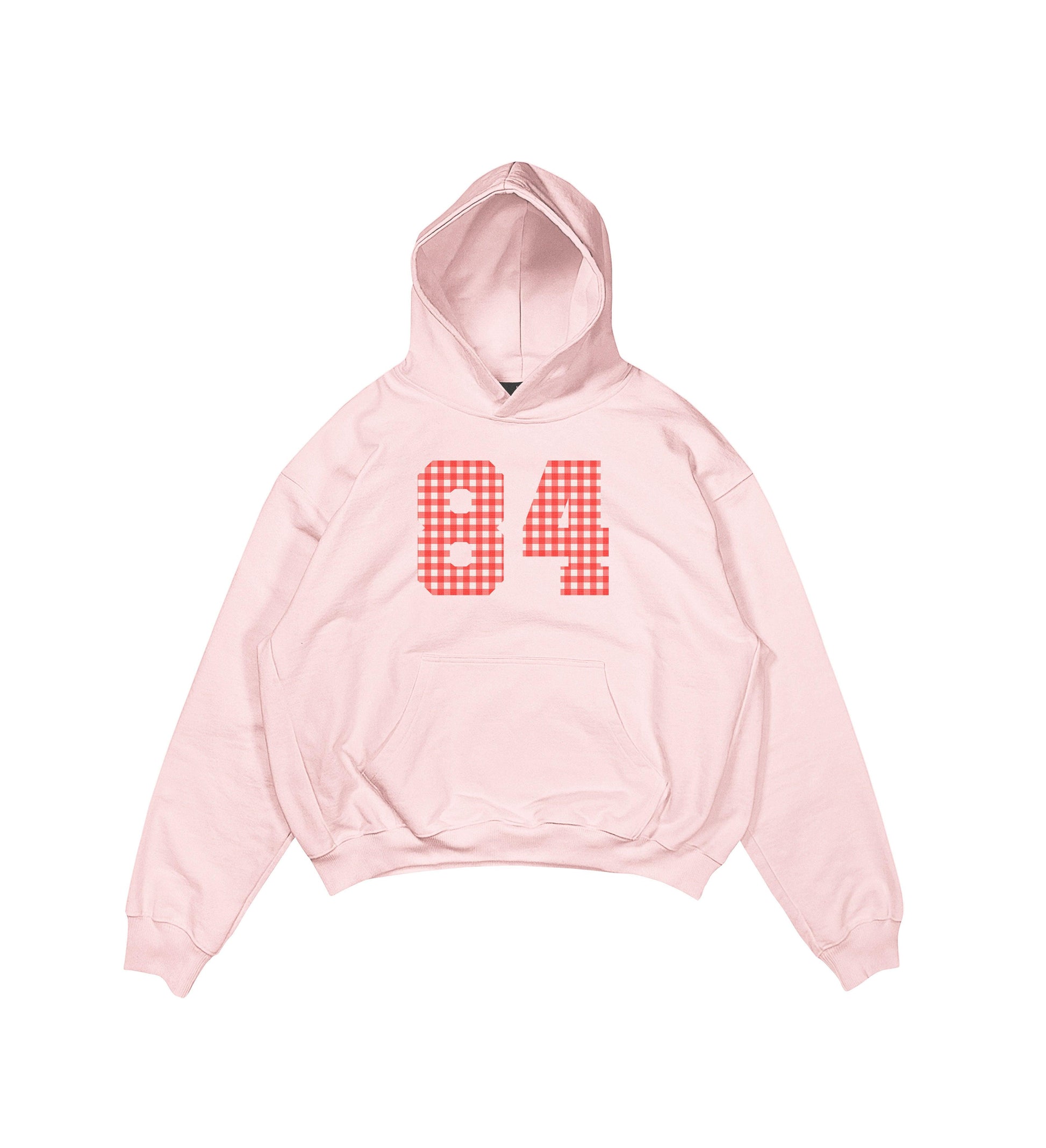 Aesthetic, kırmızı ekose desenli, grafik baskılı, pinterest tarzı,  günlük kullanıma uygun olarak pamuklu kumaştan üretilmiş oversize pembe hoodie.