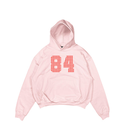 Aesthetic, kırmızı ekose desenli, grafik baskılı, pinterest tarzı,  günlük kullanıma uygun olarak pamuklu kumaştan üretilmiş oversize pembe hoodie.