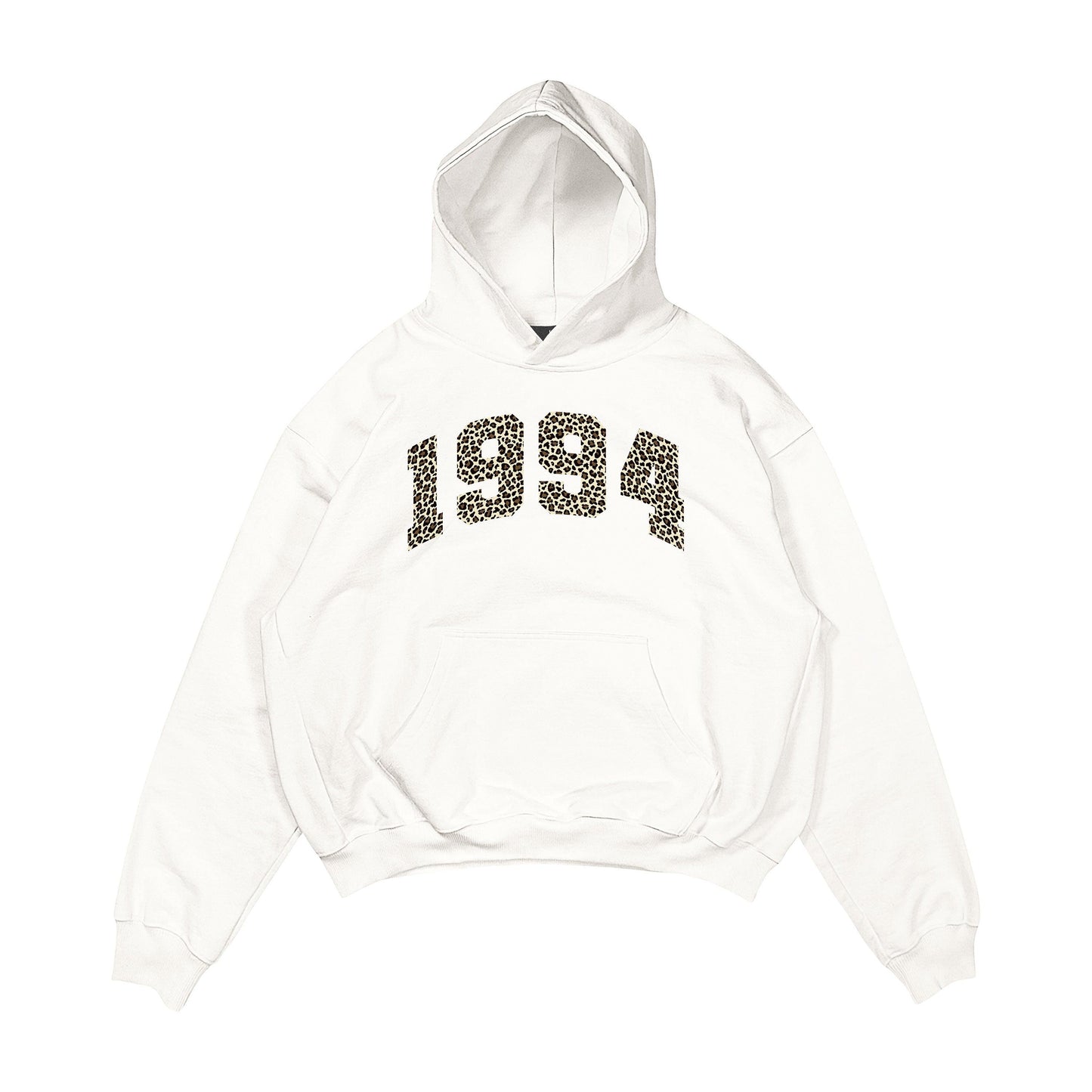 Aesthetic, leopar desenli, günlük kullanıma uygun olarak pamuklu kumaştan üretilmiş oversize ekru renk hoodie.