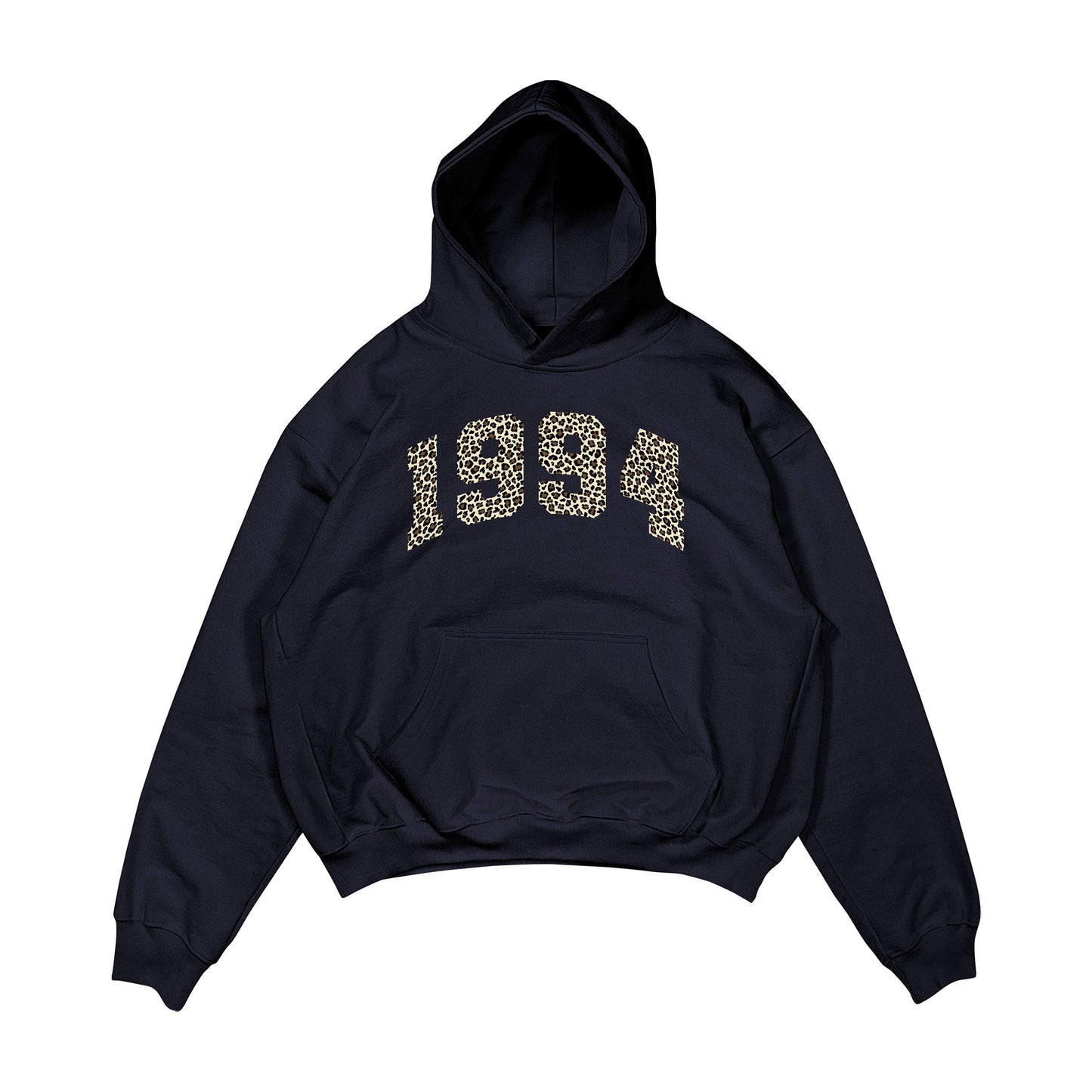 Aesthetic, leopar desenli, günlük kullanıma uygun olarak pamuklu kumaştan üretilmiş oversize koyu lacivert renk hoodie.