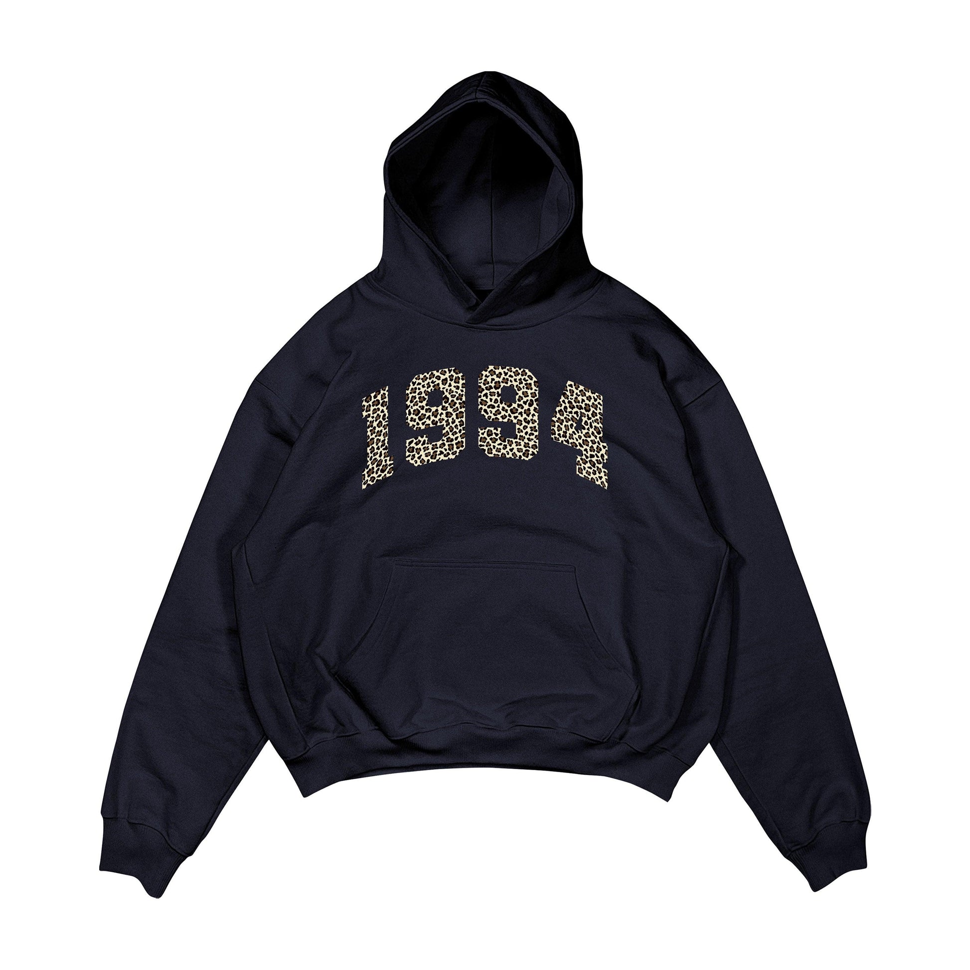 Aesthetic, leopar desenli, günlük kullanıma uygun olarak pamuklu kumaştan üretilmiş oversize koyu lacivert renk hoodie.