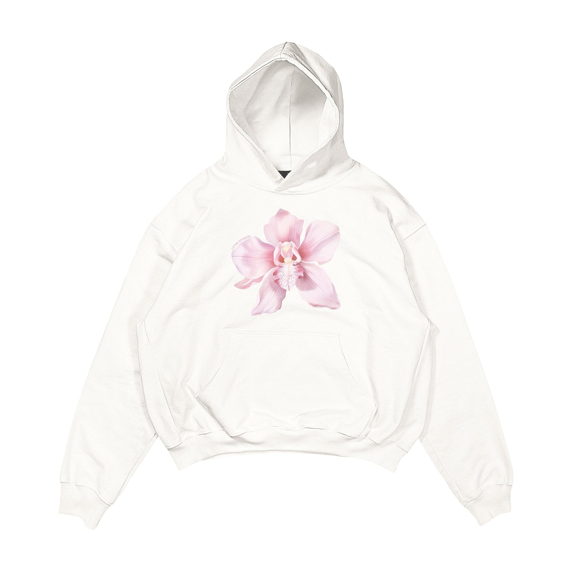 Aesthetic, lilyum çiçeği desenli, cozy, pinterest tarzı, günlük kullanıma uygun olarak pamuklu kumaştan üretilmiş oversize ekru renk hoodie.