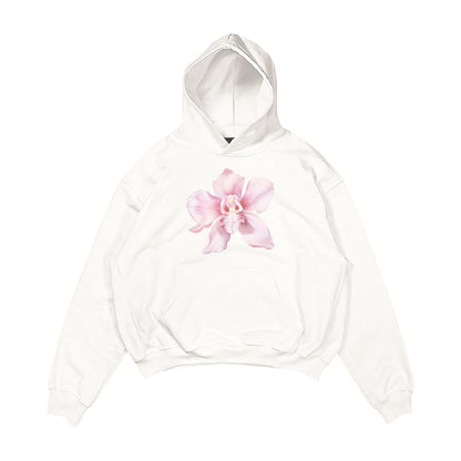 Aesthetic, lilyum çiçeği desenli, cozy, pinterest tarzı, günlük kullanıma uygun olarak pamuklu kumaştan üretilmiş oversize ekru renk hoodie.