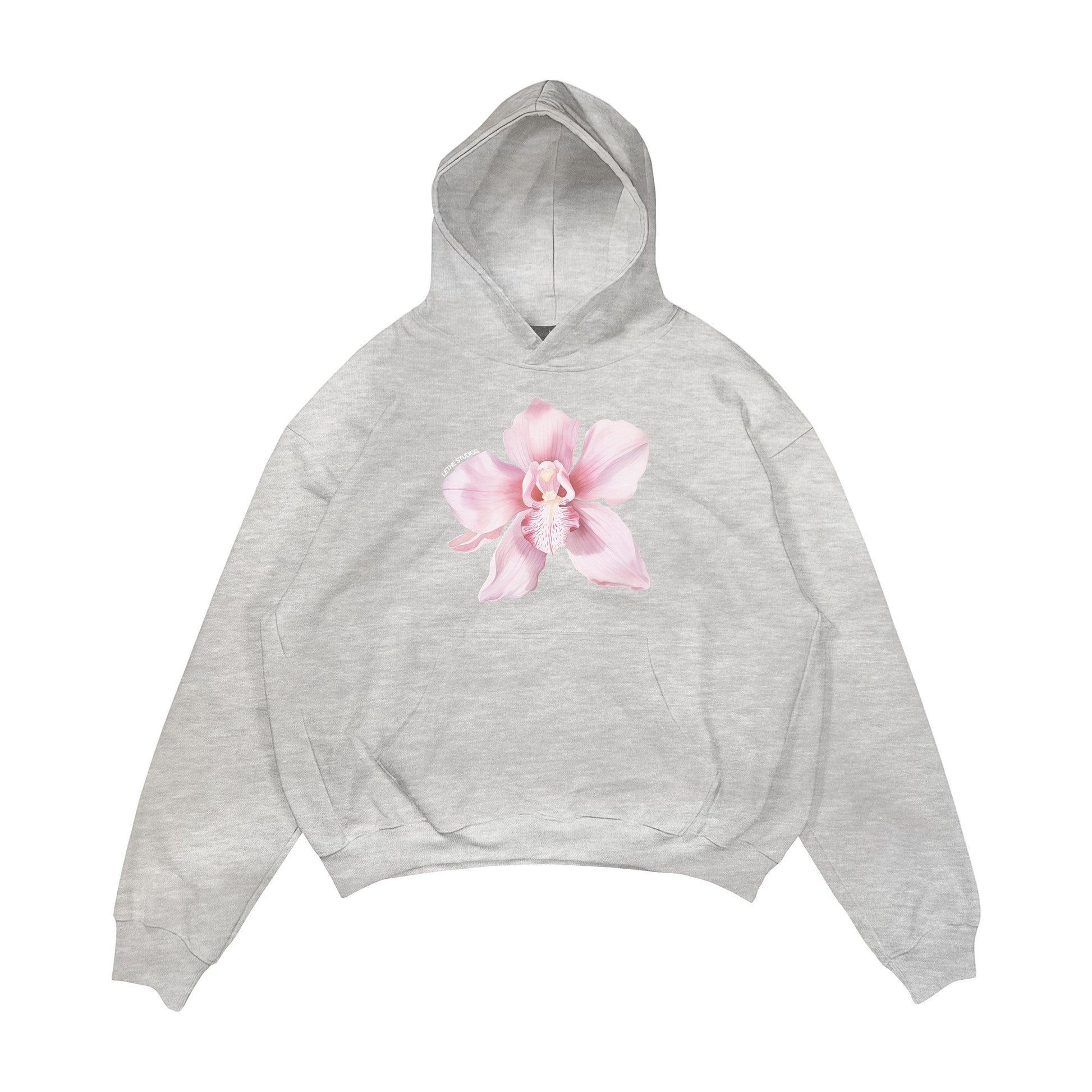 Aesthetic, lilyum çiçeği desenli, cozy, pinterest tarzı, günlük kullanıma uygun olarak pamuklu kumaştan üretilmiş oversize gri renk hoodie.