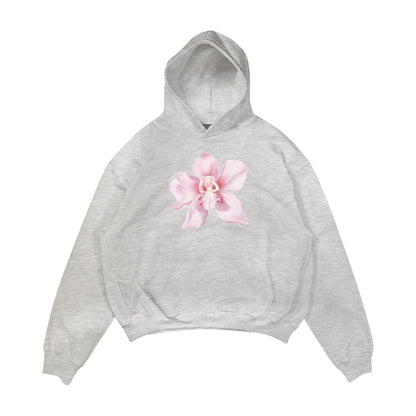 Aesthetic, lilyum çiçeği desenli, cozy, pinterest tarzı, günlük kullanıma uygun olarak pamuklu kumaştan üretilmiş oversize gri renk hoodie.