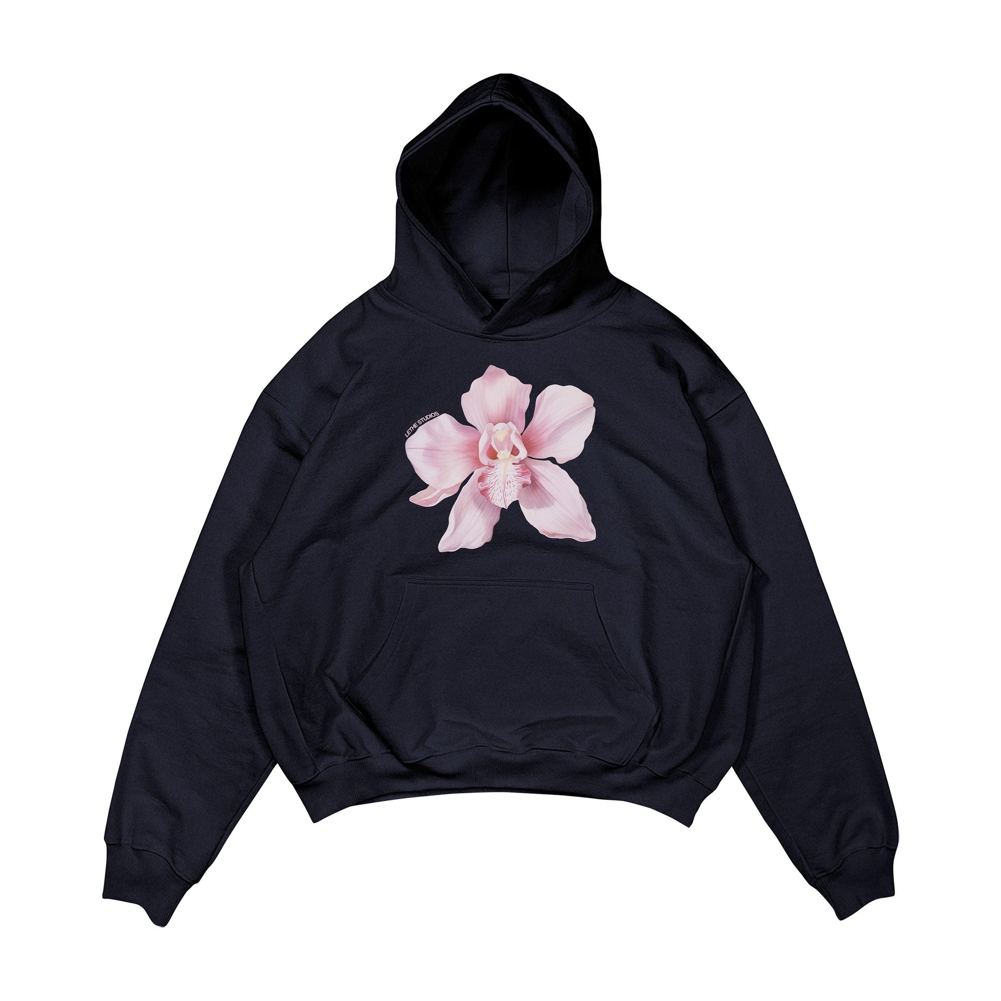 Aesthetic, lilyum çiçeği desenli, cozy, pinterest tarzı, günlük kullanıma uygun olarak pamuklu kumaştan üretilmiş oversize koyu lacivert renk hoodie.