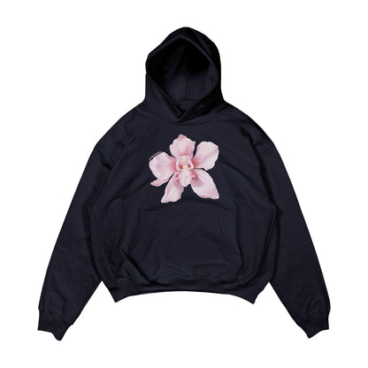 Aesthetic, lilyum çiçeği desenli, cozy, pinterest tarzı, günlük kullanıma uygun olarak pamuklu kumaştan üretilmiş oversize koyu lacivert renk hoodie.