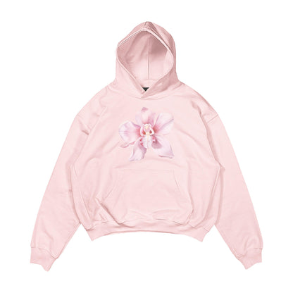 Aesthetic, lilyum çiçeği desenli, cozy, pinterest tarzı, günlük kullanıma uygun olarak pamuklu kumaştan üretilmiş oversize gri renk hoodie.
