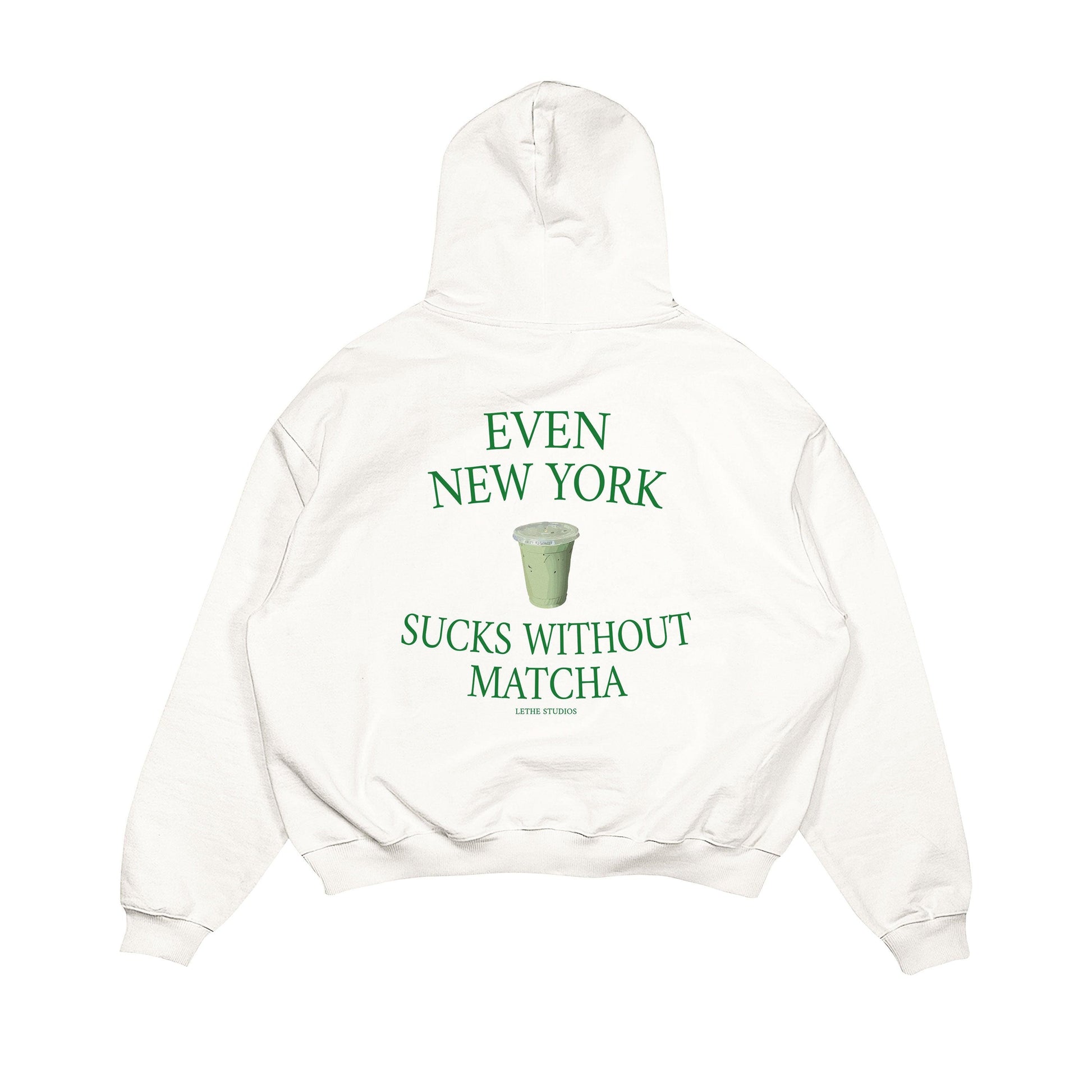 Aesthetic, matcha desenli, cozy, pinterest tarzı, günlük kullanıma uygun olarak pamuklu kumaştan üretilmiş oversize ekru renk hoodie.