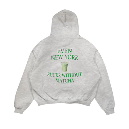 Aesthetic, matcha desenli, cozy, pinterest tarzı, günlük kullanıma uygun olarak pamuklu kumaştan üretilmiş oversize gri renk hoodie.