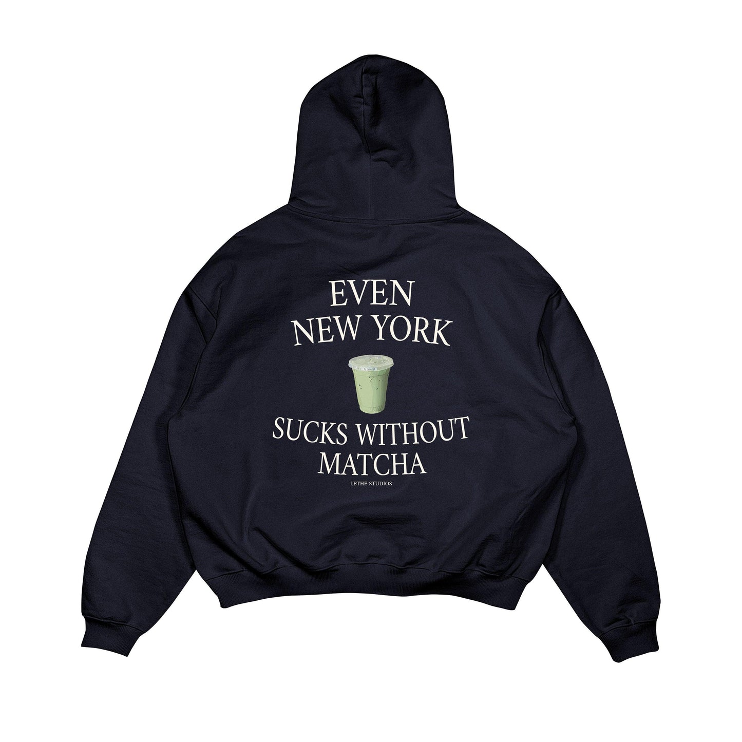 Aesthetic, matcha desenli, cozy, pinterest tarzı, günlük kullanıma uygun olarak pamuklu kumaştan üretilmiş oversize koyu lacivert renk hoodie.