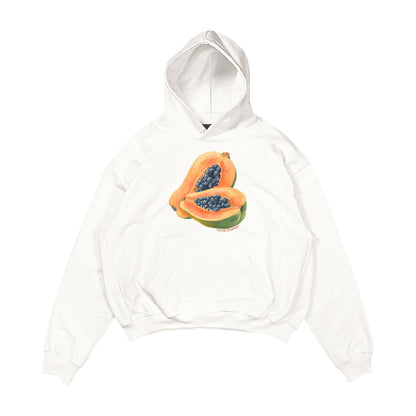 Aesthetic, papaya desenli, cozy, pinterest tarzı, günlük kullanıma uygun olarak pamuklu kumaştan üretilmiş oversize ekru renk hoodie.
