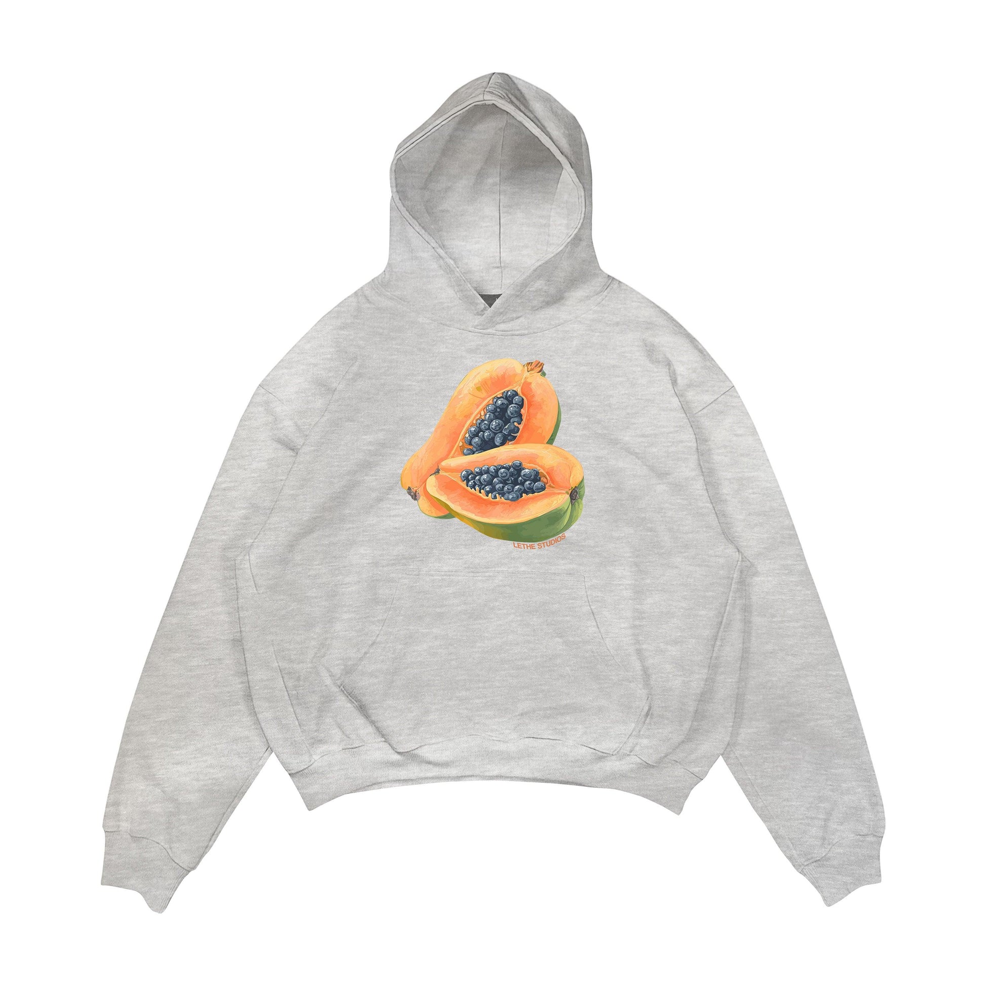 Aesthetic, papaya desenli, cozy, pinterest tarzı, günlük kullanıma uygun olarak pamuklu kumaştan üretilmiş oversize gri renk hoodie.