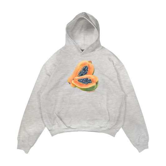 Aesthetic, papaya desenli, cozy, pinterest tarzı, günlük kullanıma uygun olarak pamuklu kumaştan üretilmiş oversize gri renk hoodie.