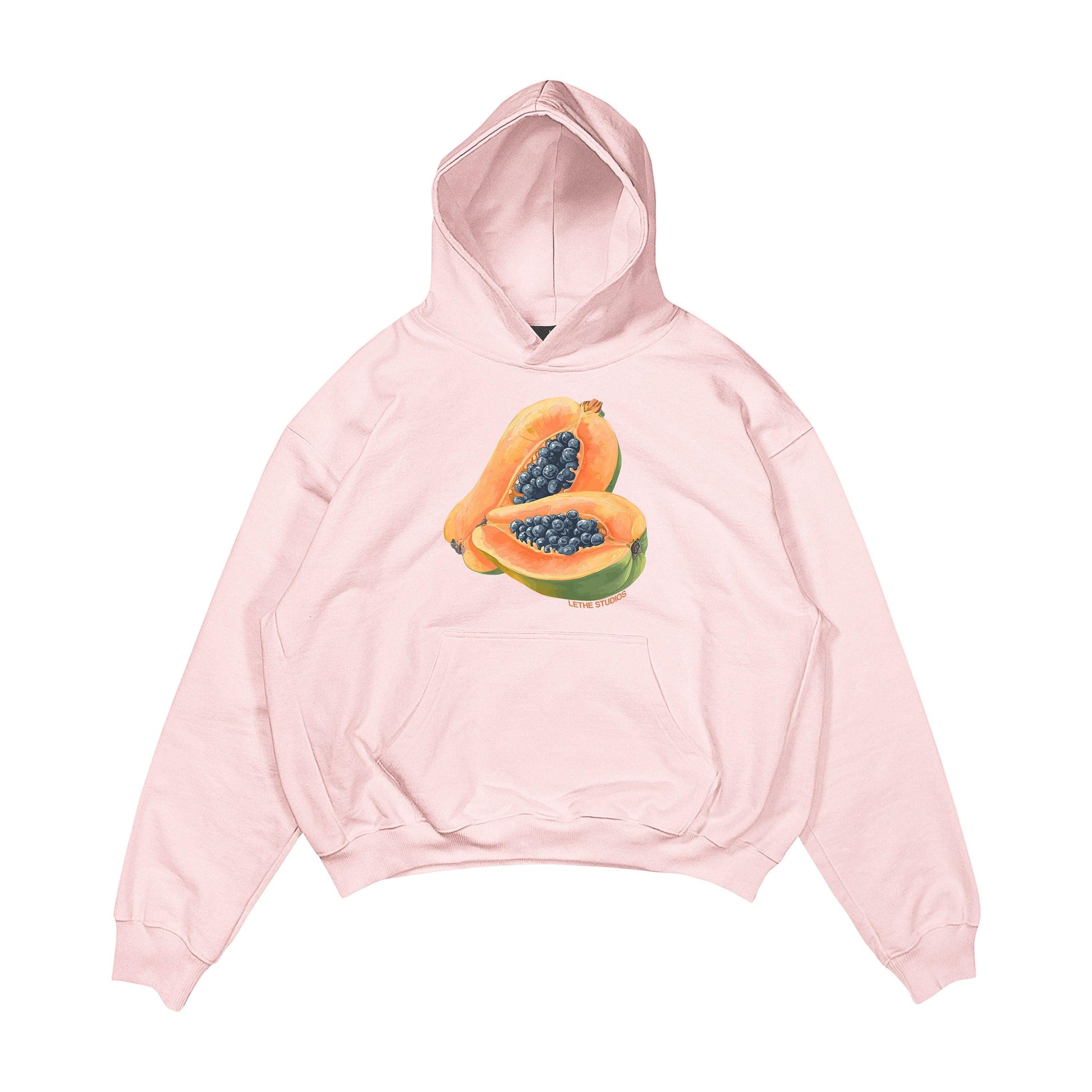 Aesthetic, papaya desenli, cozy, pinterest tarzı, günlük kullanıma uygun olarak pamuklu kumaştan üretilmiş oversize pembe renk hoodie.
