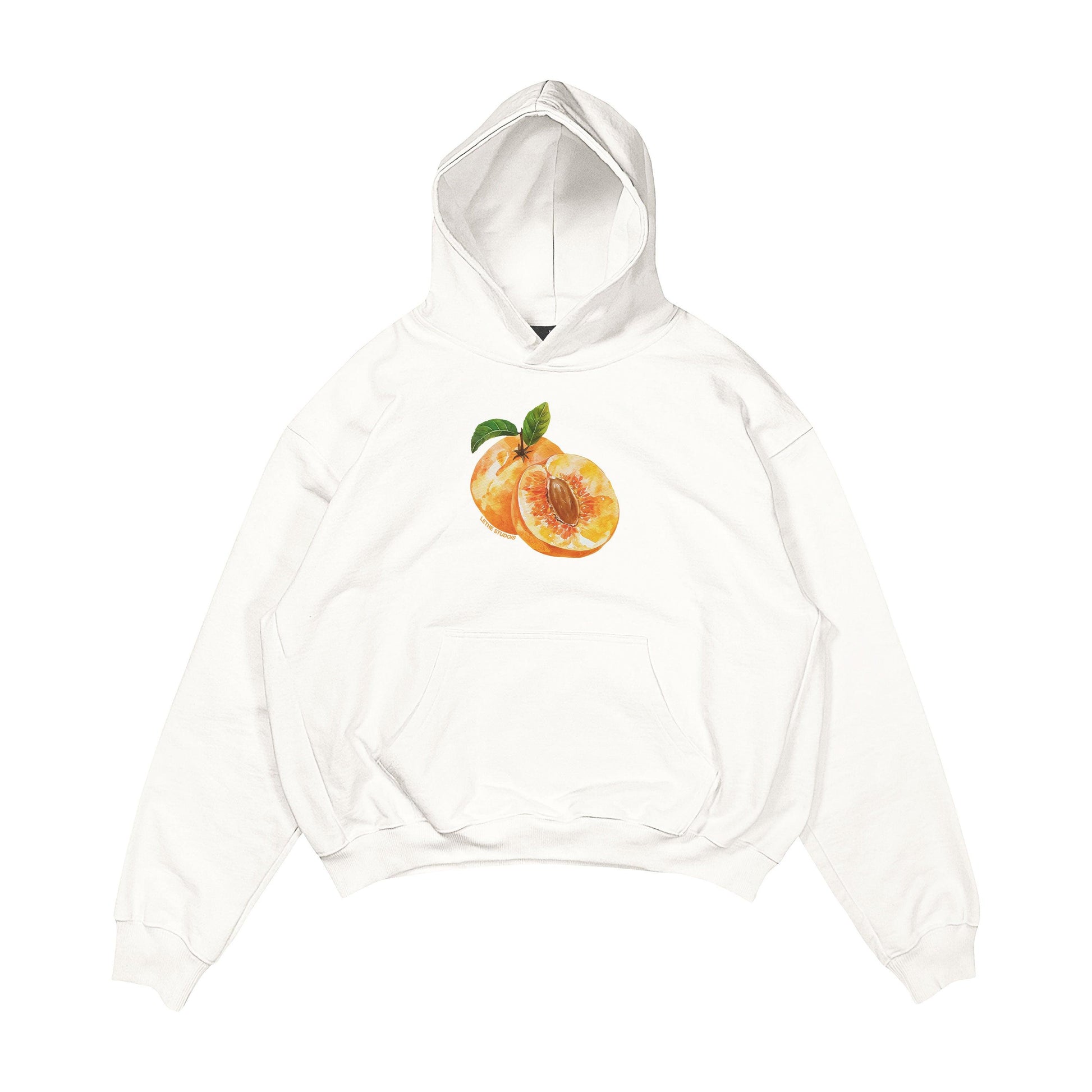 Aesthetic, şeftali desenli, cozy, pinterest tarzı, günlük kullanıma uygun olarak pamuklu kumaştan üretilmiş oversize ekru renk hoodie.