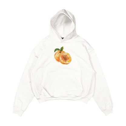 Aesthetic, şeftali desenli, cozy, pinterest tarzı, günlük kullanıma uygun olarak pamuklu kumaştan üretilmiş oversize ekru renk hoodie.