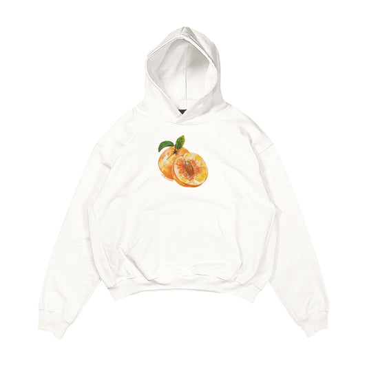 Aesthetic, şeftali desenli, cozy, pinterest tarzı, günlük kullanıma uygun olarak pamuklu kumaştan üretilmiş oversize ekru renk hoodie.