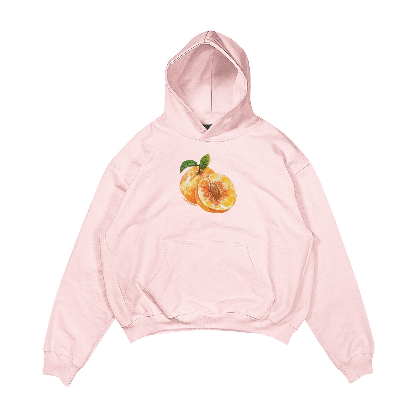 Aesthetic, şeftali desenli, cozy, pinterest tarzı, günlük kullanıma uygun olarak pamuklu kumaştan üretilmiş oversize pembe renk hoodie.