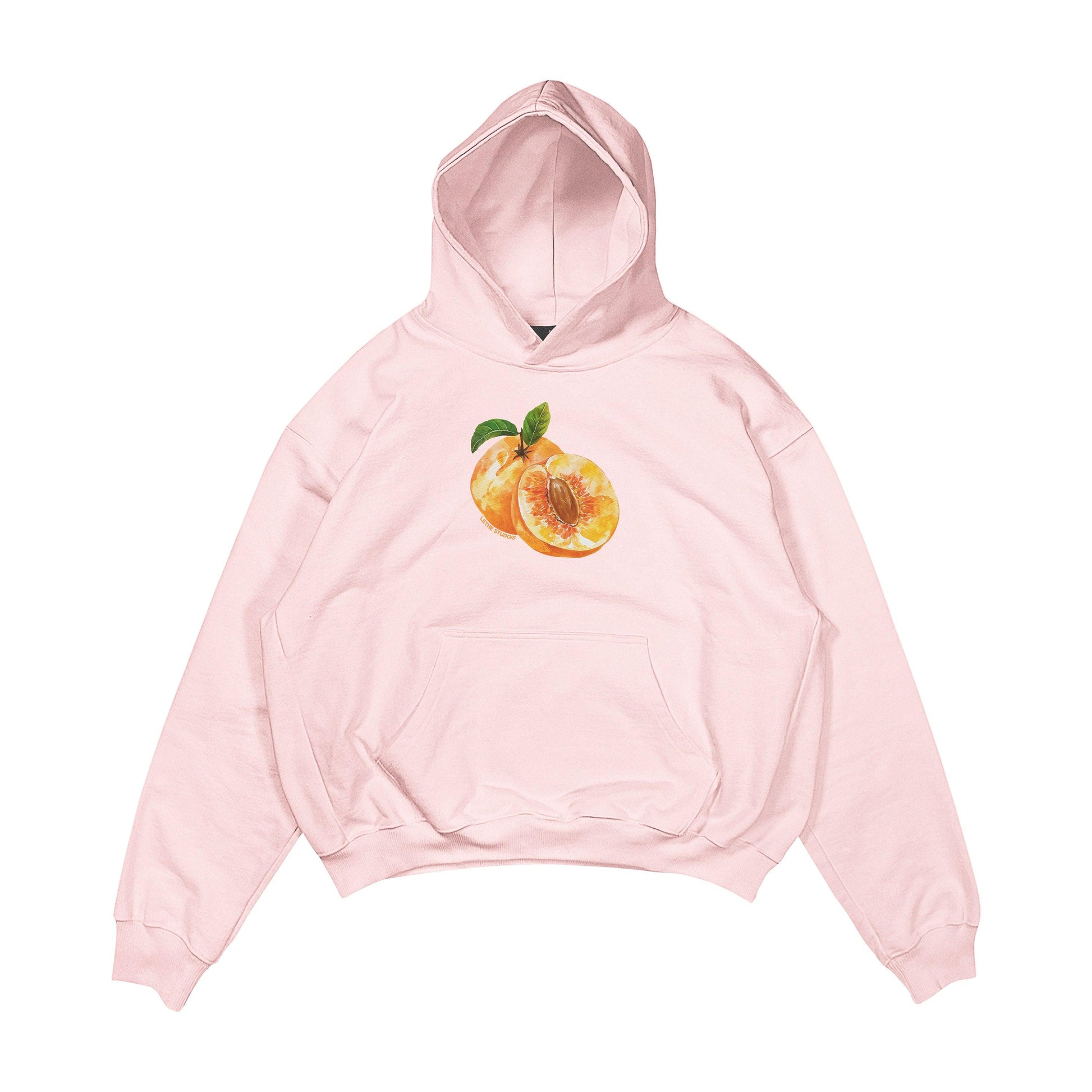 Aesthetic, şeftali desenli, cozy, pinterest tarzı, günlük kullanıma uygun olarak pamuklu kumaştan üretilmiş oversize pembe renk hoodie.