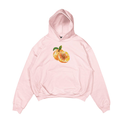 Aesthetic, şeftali desenli, cozy, pinterest tarzı, günlük kullanıma uygun olarak pamuklu kumaştan üretilmiş oversize pembe renk hoodie.
