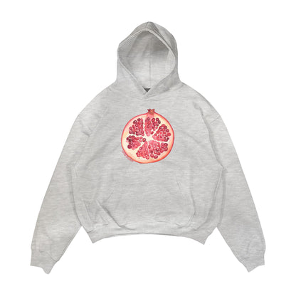 Aesthetic, nar desenli, cozy, pinterest tarzı, günlük kullanıma uygun olarak pamuklu kumaştan üretilmiş oversize gri renk hoodie.